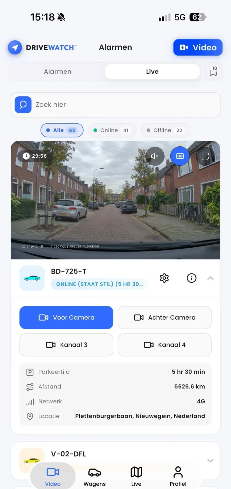Drivewatch-app, live beeld van de dashcam