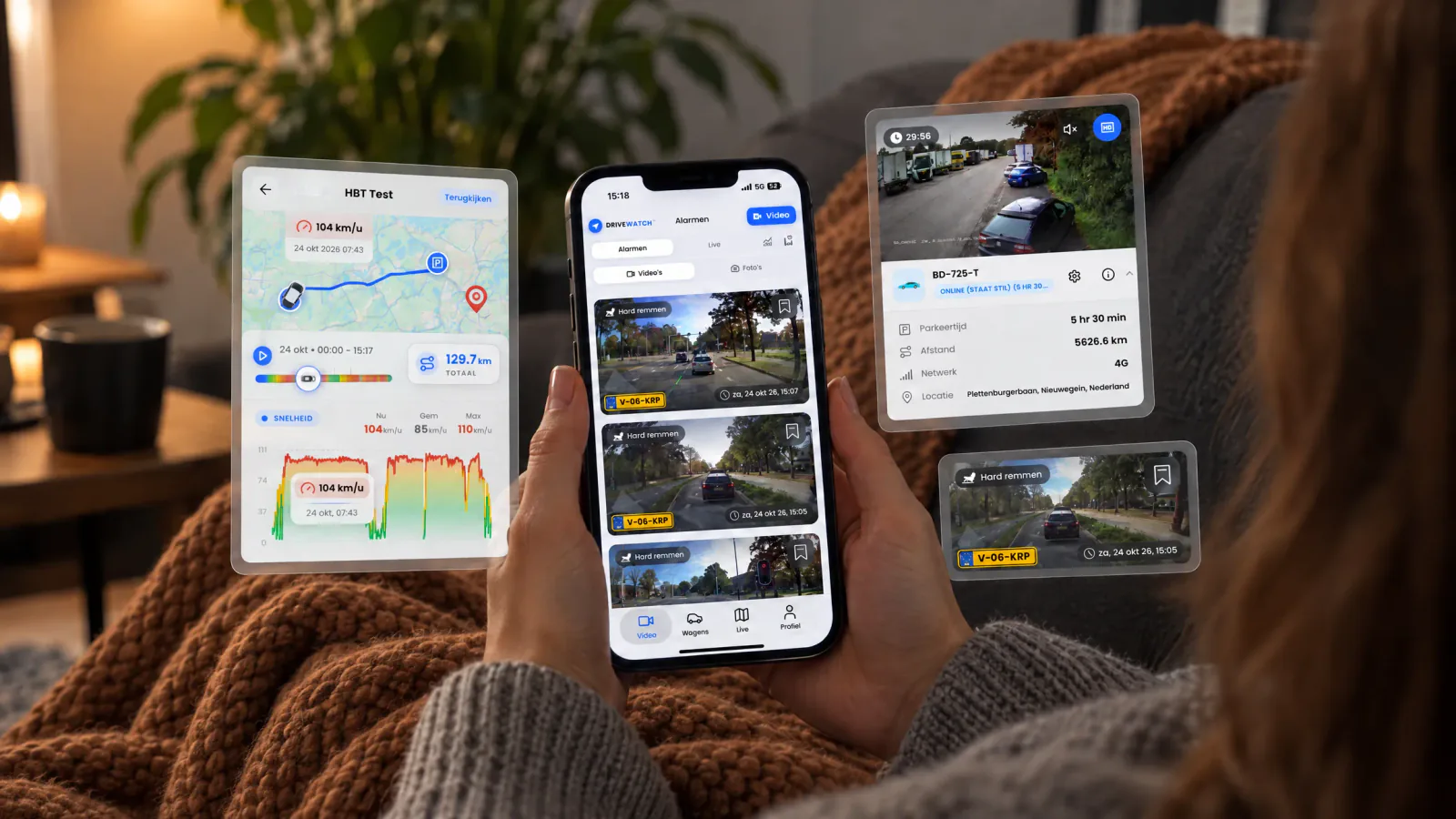 Drivewatch-app in de hand, live beeld en kaart