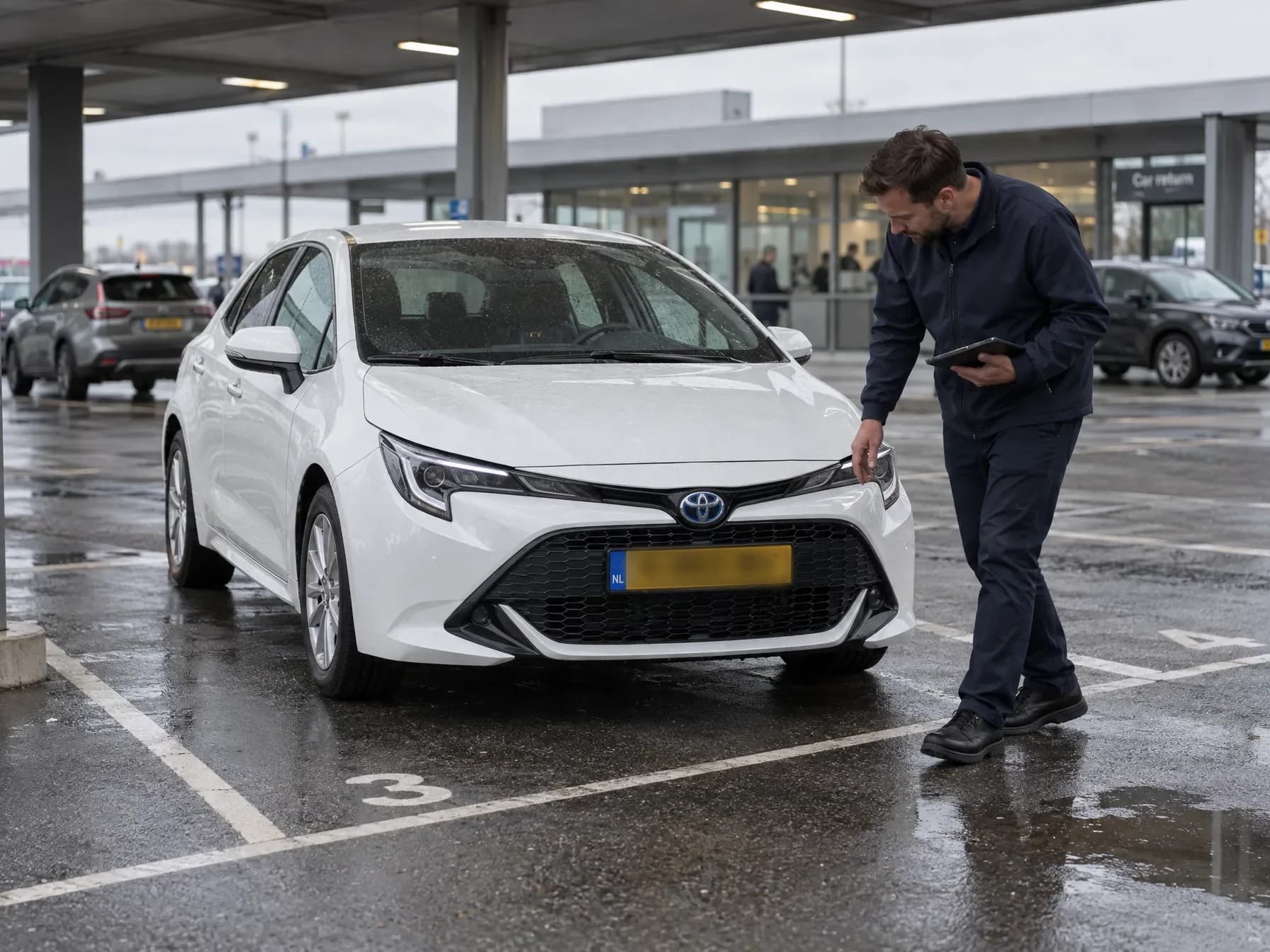 A rental car at the return desk