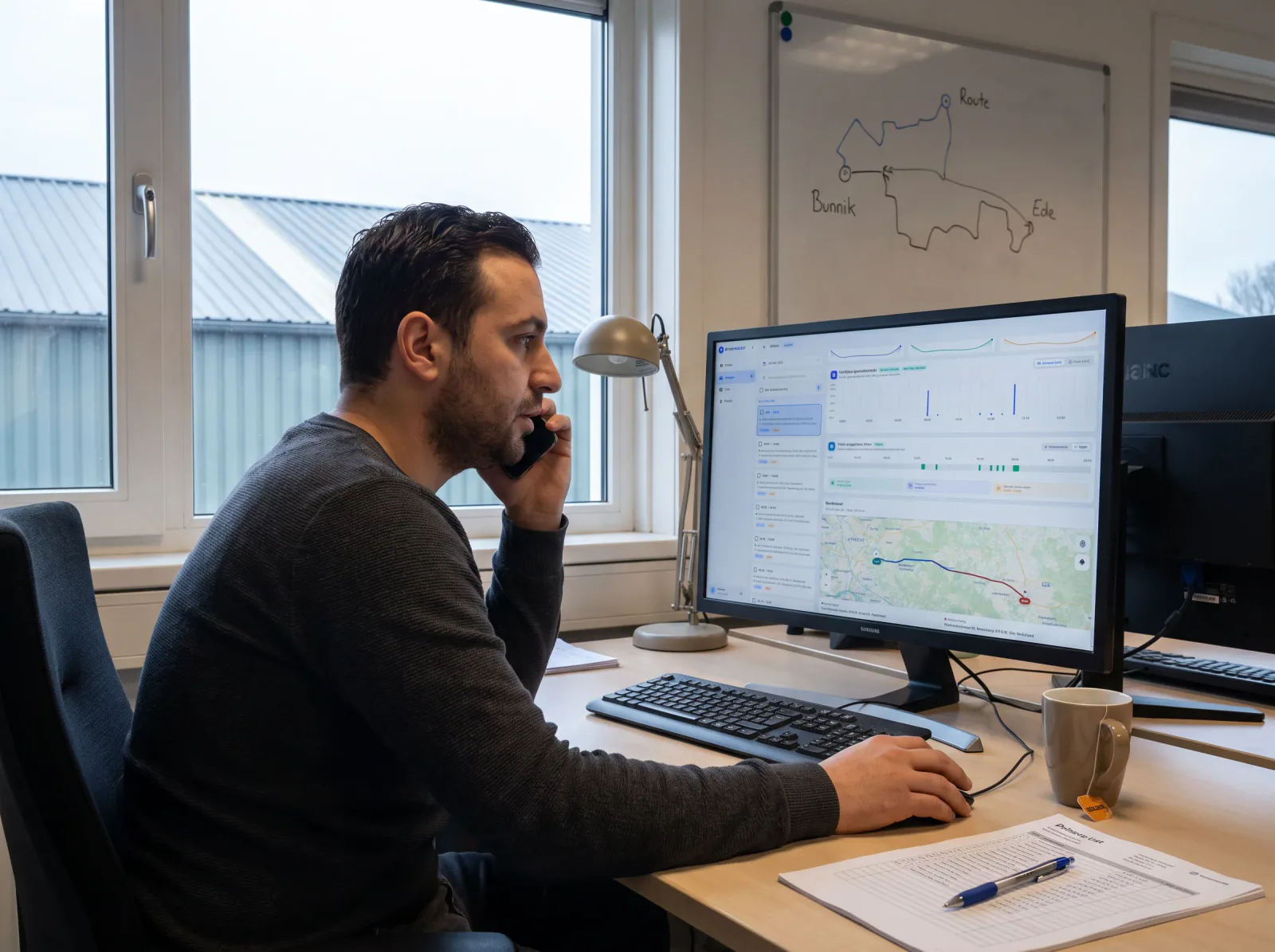 A planner on the phone with a customer, the trip live in Drivewatch on his screen