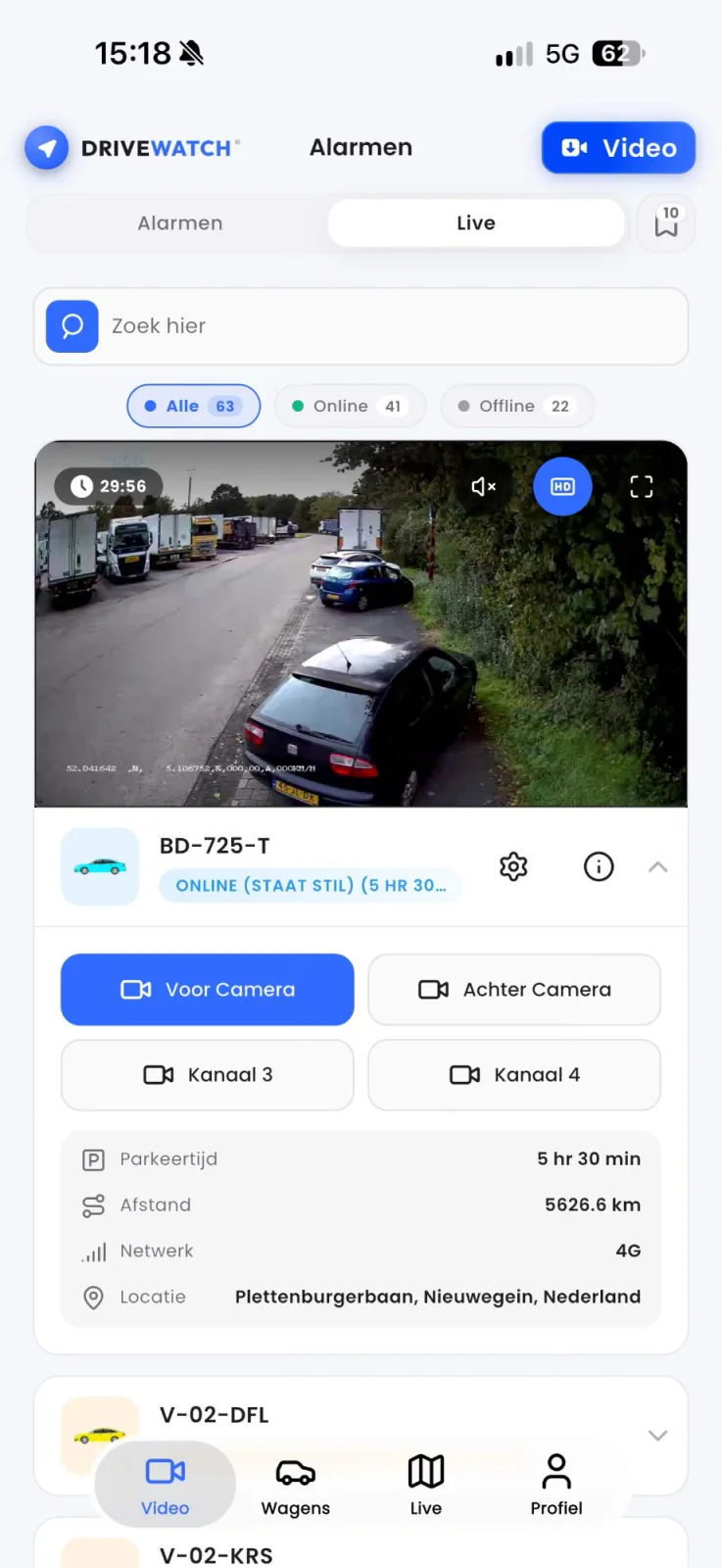 Drivewatch-app, live beeld van de dashcam