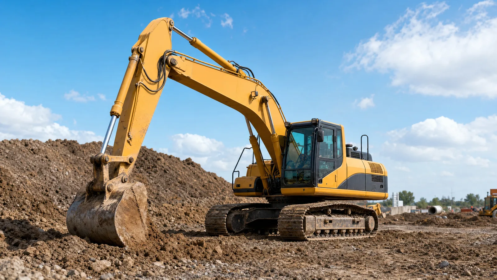 Excavator on a construction earthworks site, tracked by Drivewatch