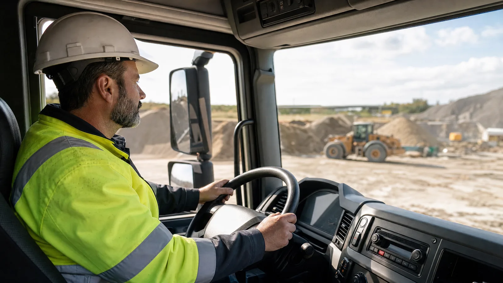 Construction operator at the controls in the cab