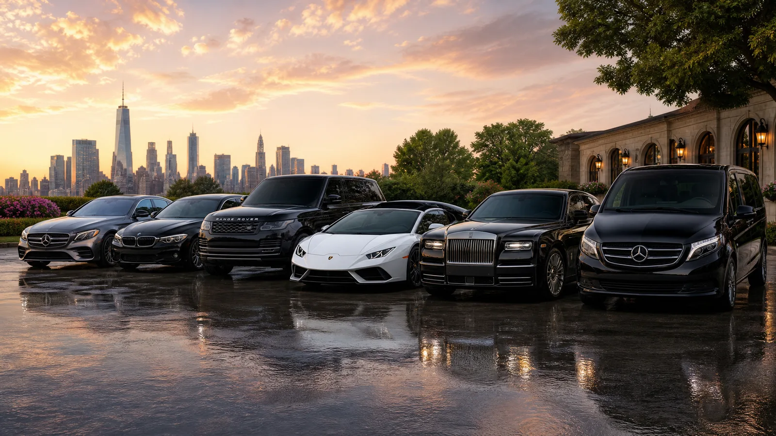 Premium rental fleet of cars and a van lined up against a city skyline at sunset