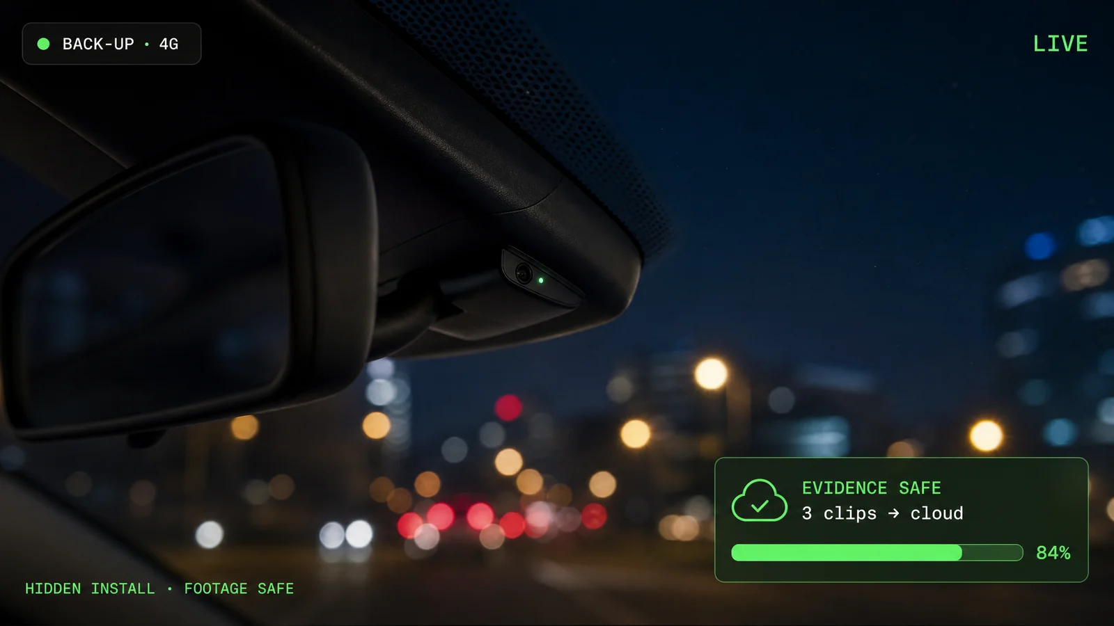 Verborgen dashcam achter de spiegel die clips via 4G veilig naar de cloud back-upt.
