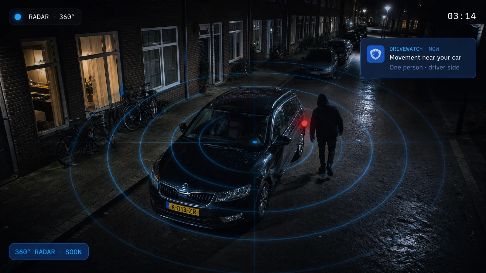 Nachtbewaking: 360°-radar detecteert iemand die naar de geparkeerde auto loopt en stuurt een live melding.