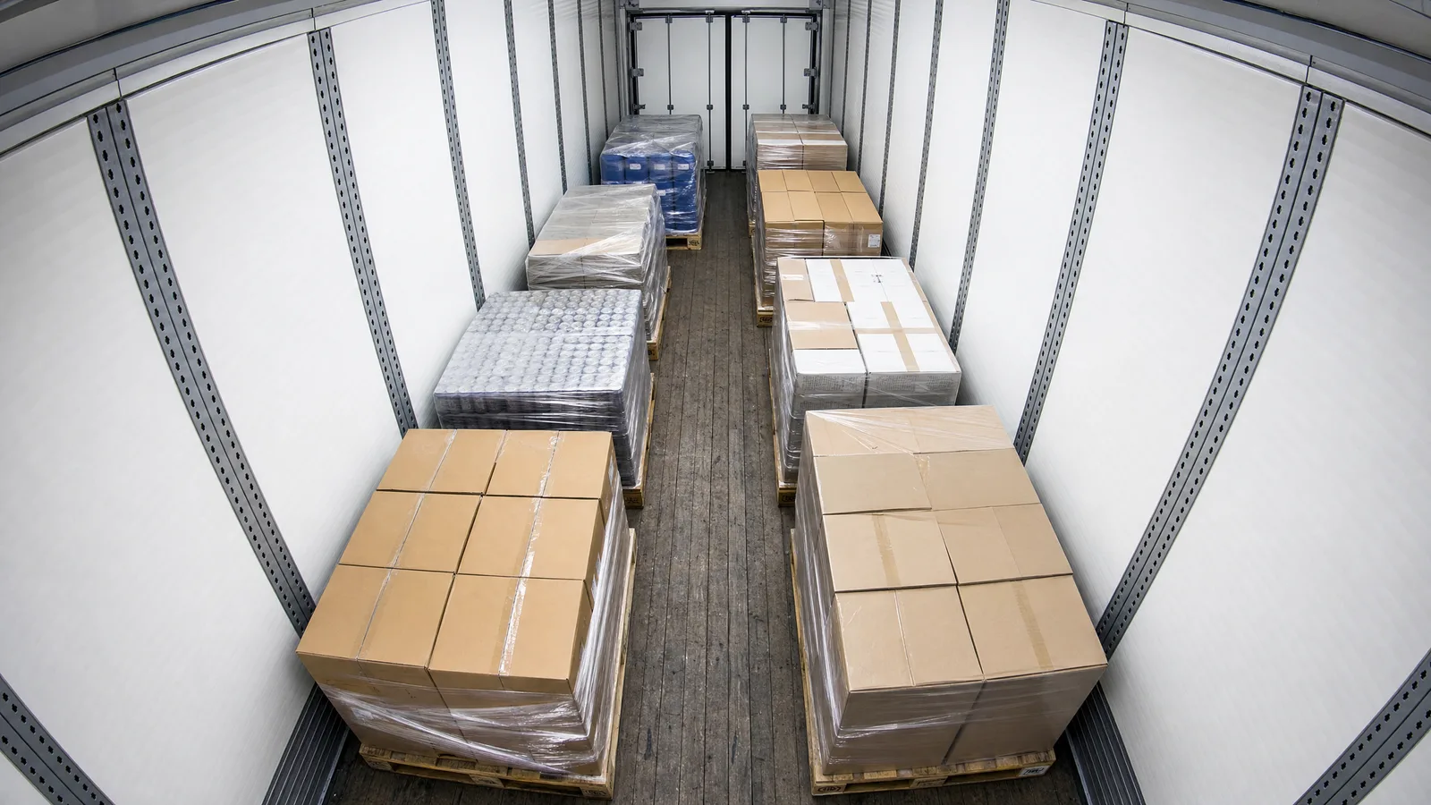 In-trailer cargo camera view of pallets and boxes secured during transport