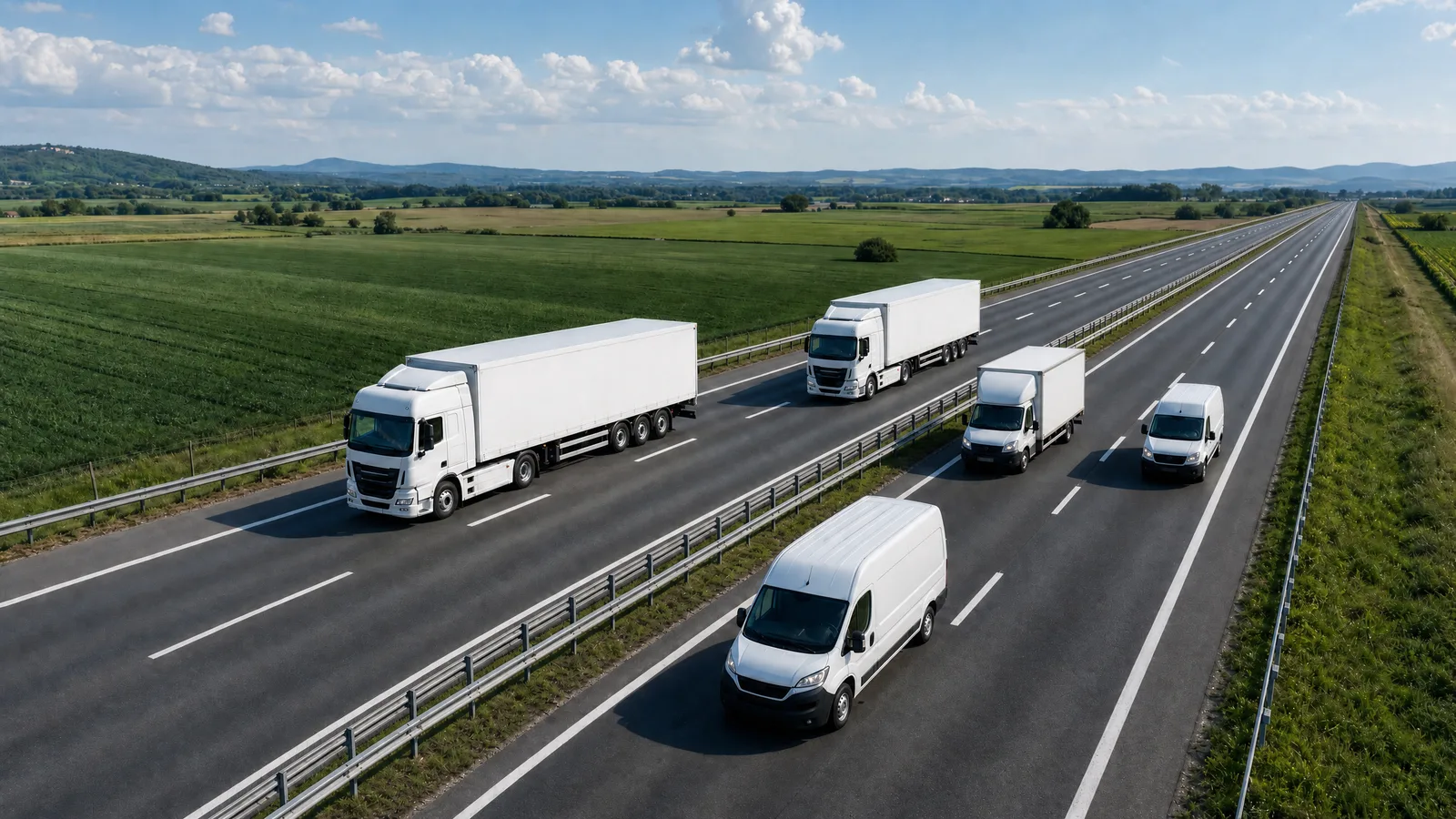A protected fleet of trucks and delivery vans driving together on a European motorway